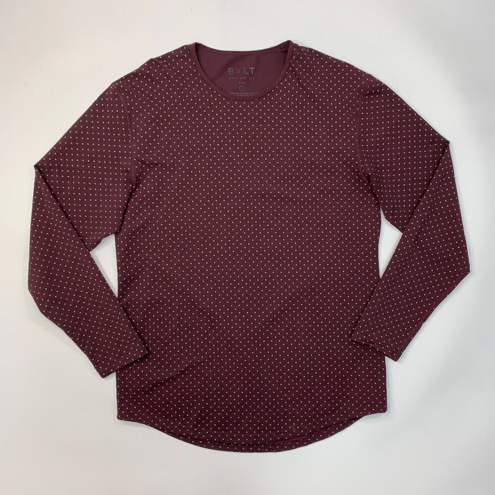 BYLT Shirt Mens L Large Maroon Grey Polka Dot Drop Cut Long Sleeve Crew Stretch - Picture 2 of 10